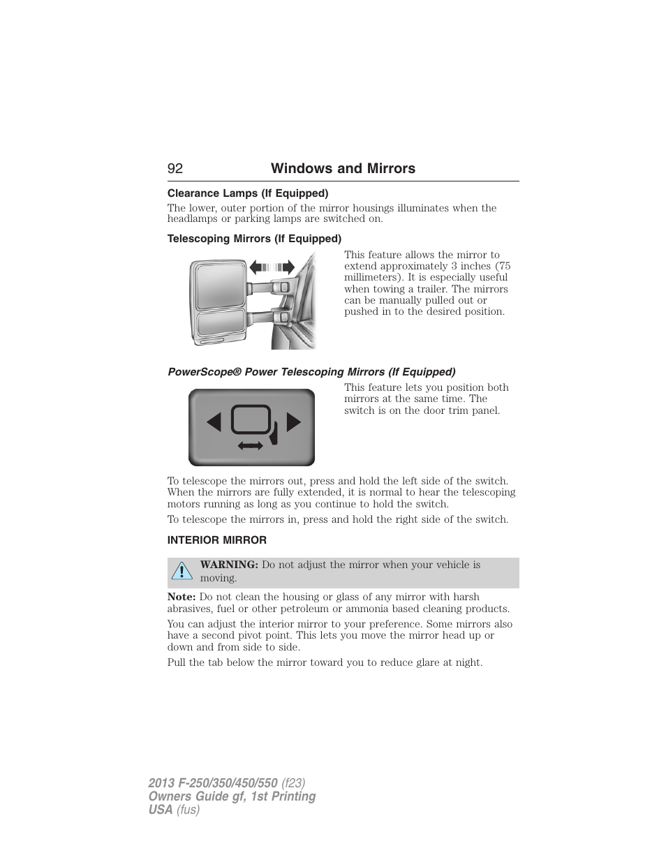 Clearance lamps (if equipped), Telescoping mirrors (if equipped), Interior mirror | Interior mirrors, 92 windows and mirrors | FORD 2013 F-550 v.1 User Manual | Page 93 / 563