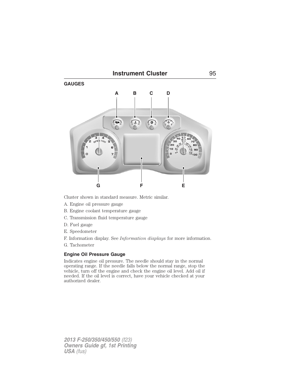 Instrument cluster, Gauges, Engine oil pressure gauge | Instrument cluster 95 | FORD 2013 F-550 v.1 User Manual | Page 96 / 563