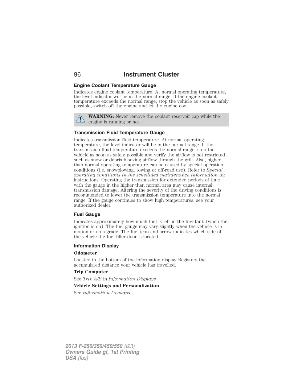 Engine coolant temperature gauge, Transmission fluid temperature gauge, Fuel gauge | Information display, 96 instrument cluster | FORD 2013 F-550 v.1 User Manual | Page 97 / 563