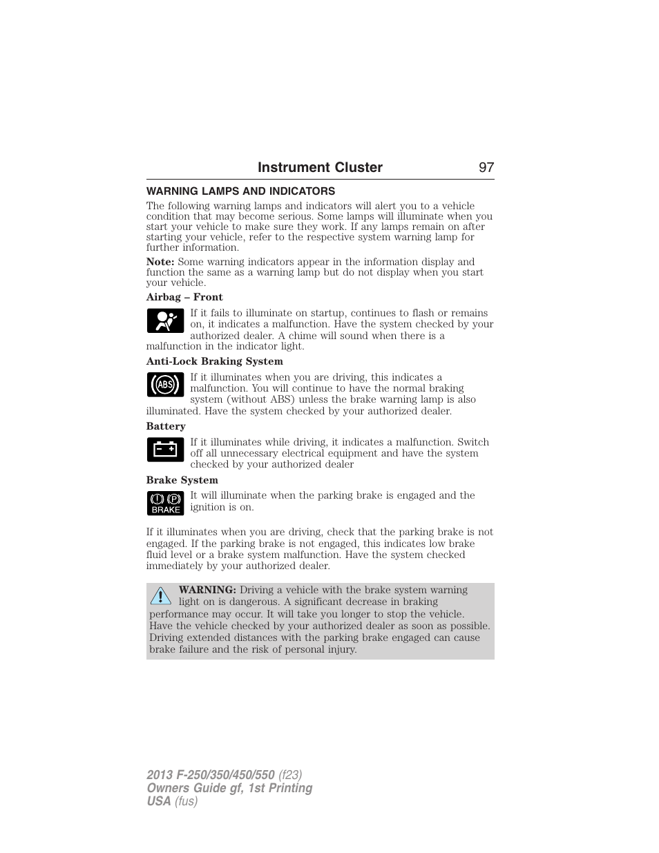 Warning lamps and indicators, Instrument cluster 97 | FORD 2013 F-550 v.1 User Manual | Page 98 / 563