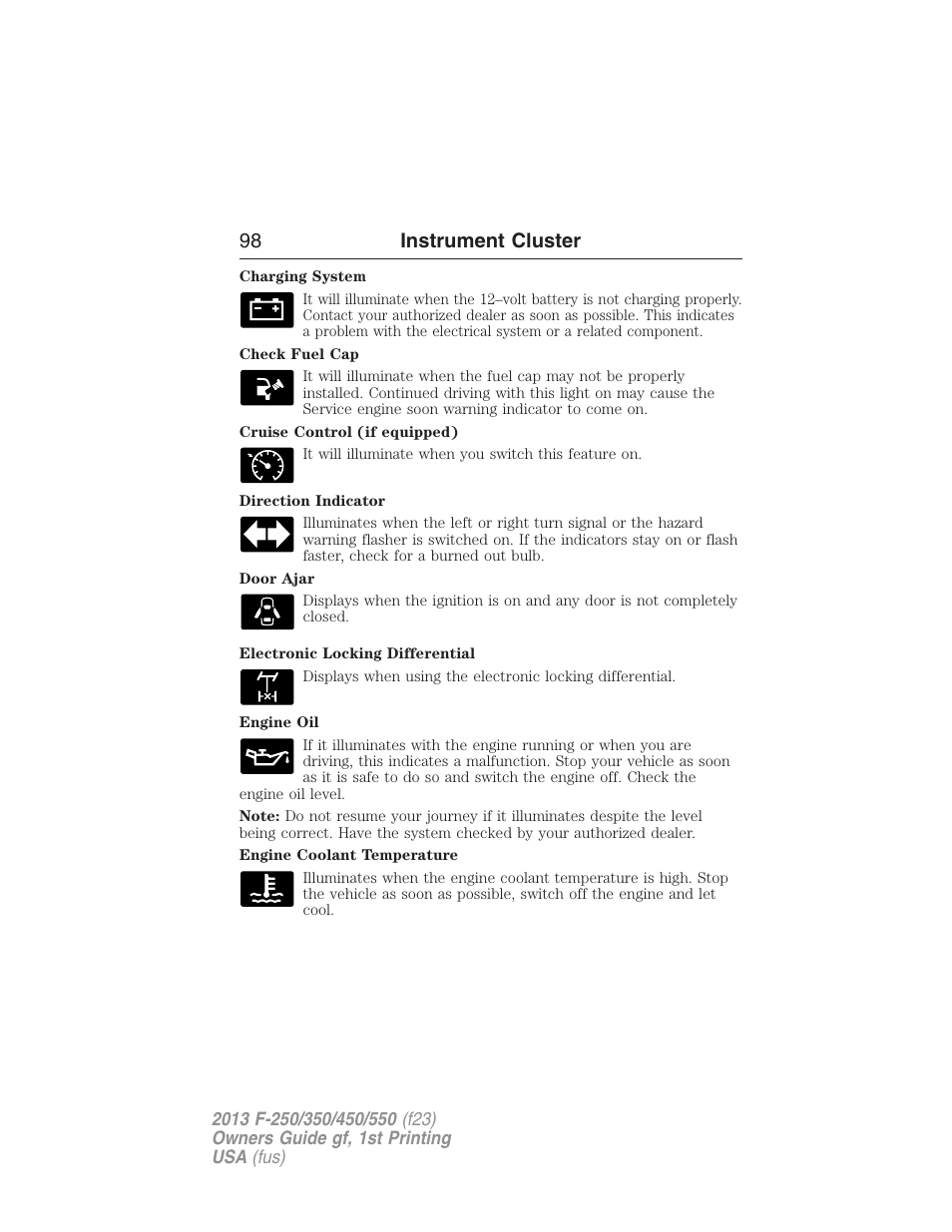 98 instrument cluster | FORD 2013 F-550 v.1 User Manual | Page 99 / 563