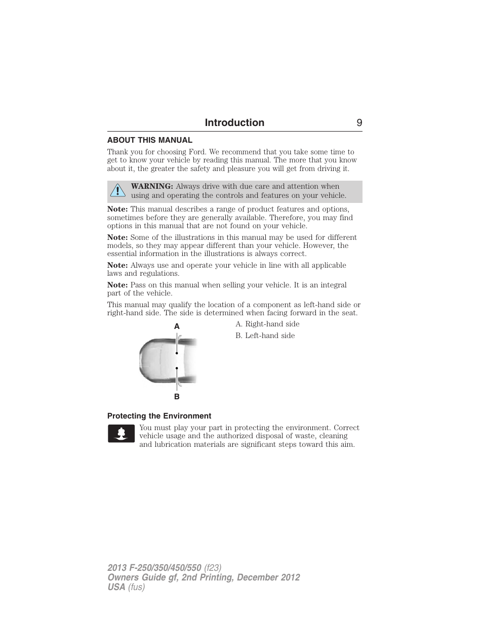 Introduction, About this manual, Protecting the environment | Introduction 9 | FORD 2013 F-550 v.2 User Manual | Page 10 / 579