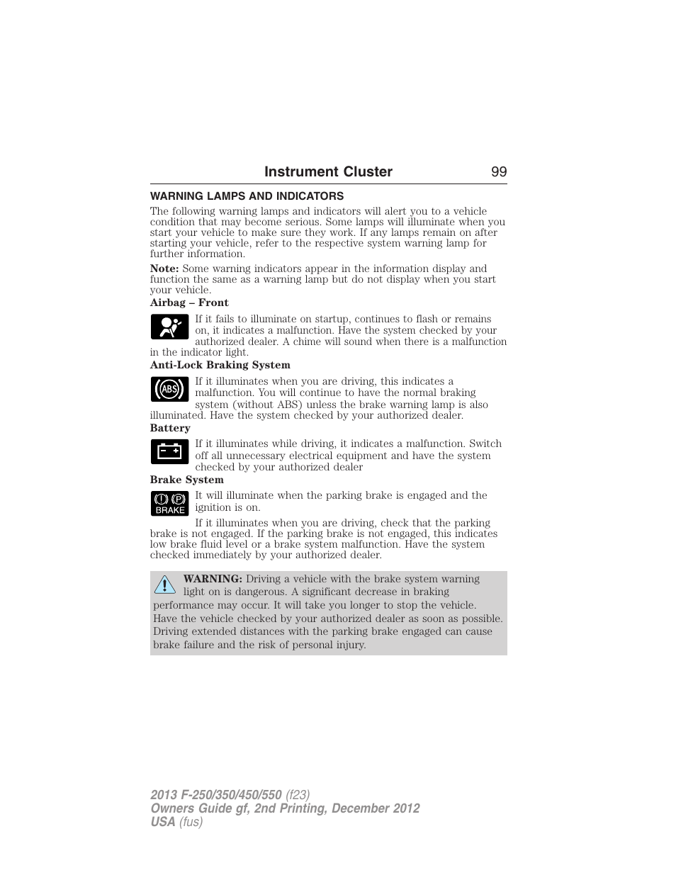 Warning lamps and indicators, Instrument cluster 99 | FORD 2013 F-550 v.2 User Manual | Page 100 / 579