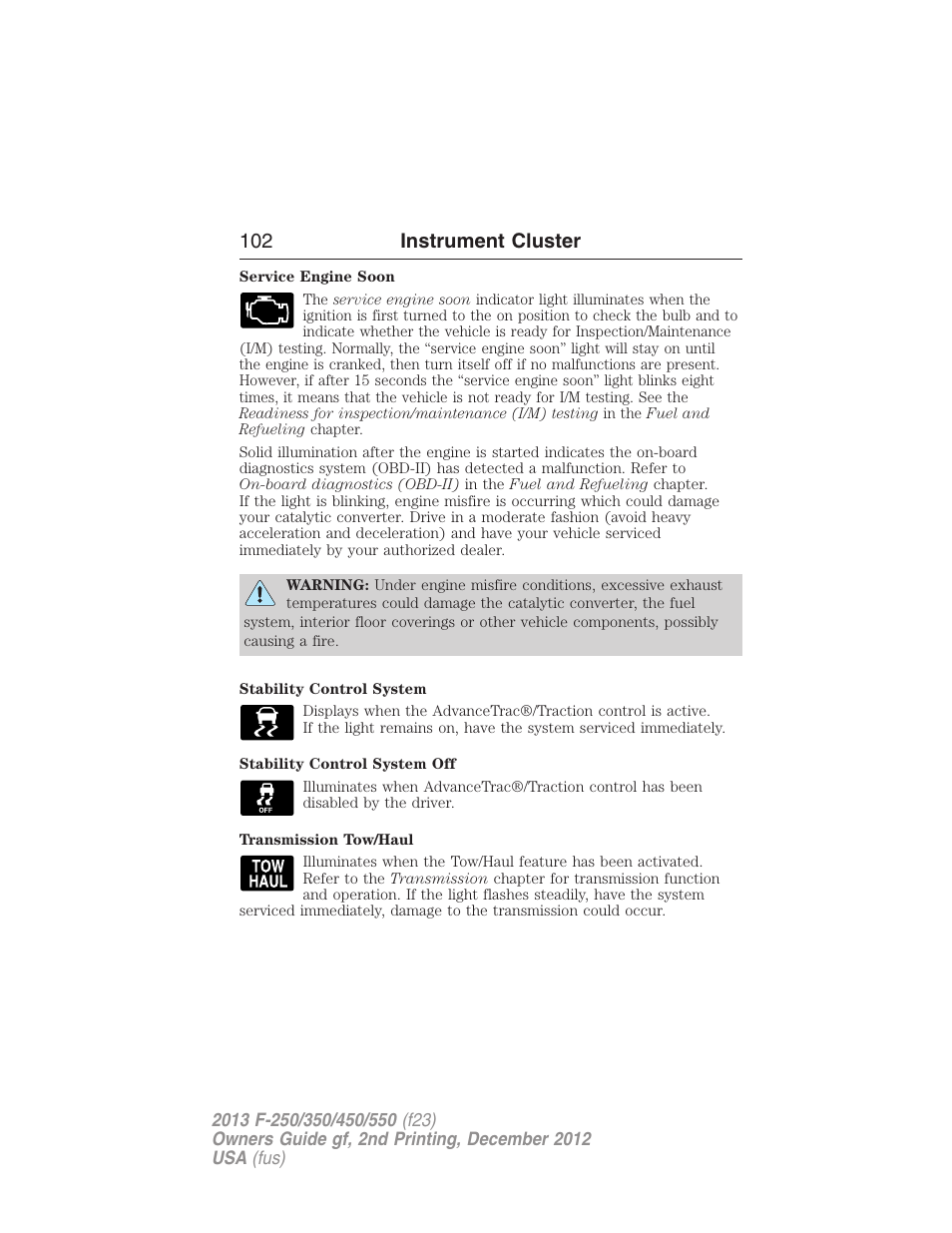 102 instrument cluster | FORD 2013 F-550 v.2 User Manual | Page 103 / 579