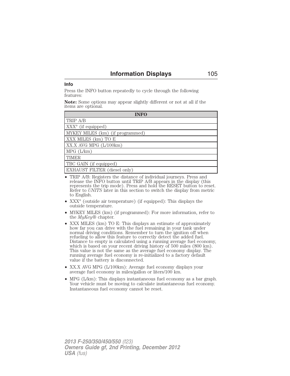Info, Information displays 105 | FORD 2013 F-550 v.2 User Manual | Page 106 / 579