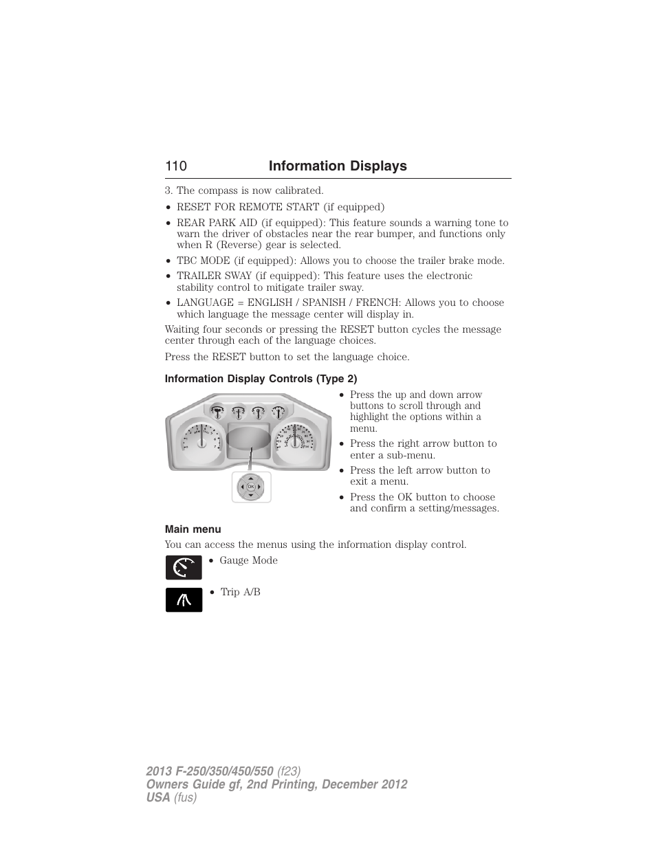 Information display controls (type 2), Main menu, 110 information displays | FORD 2013 F-550 v.2 User Manual | Page 111 / 579