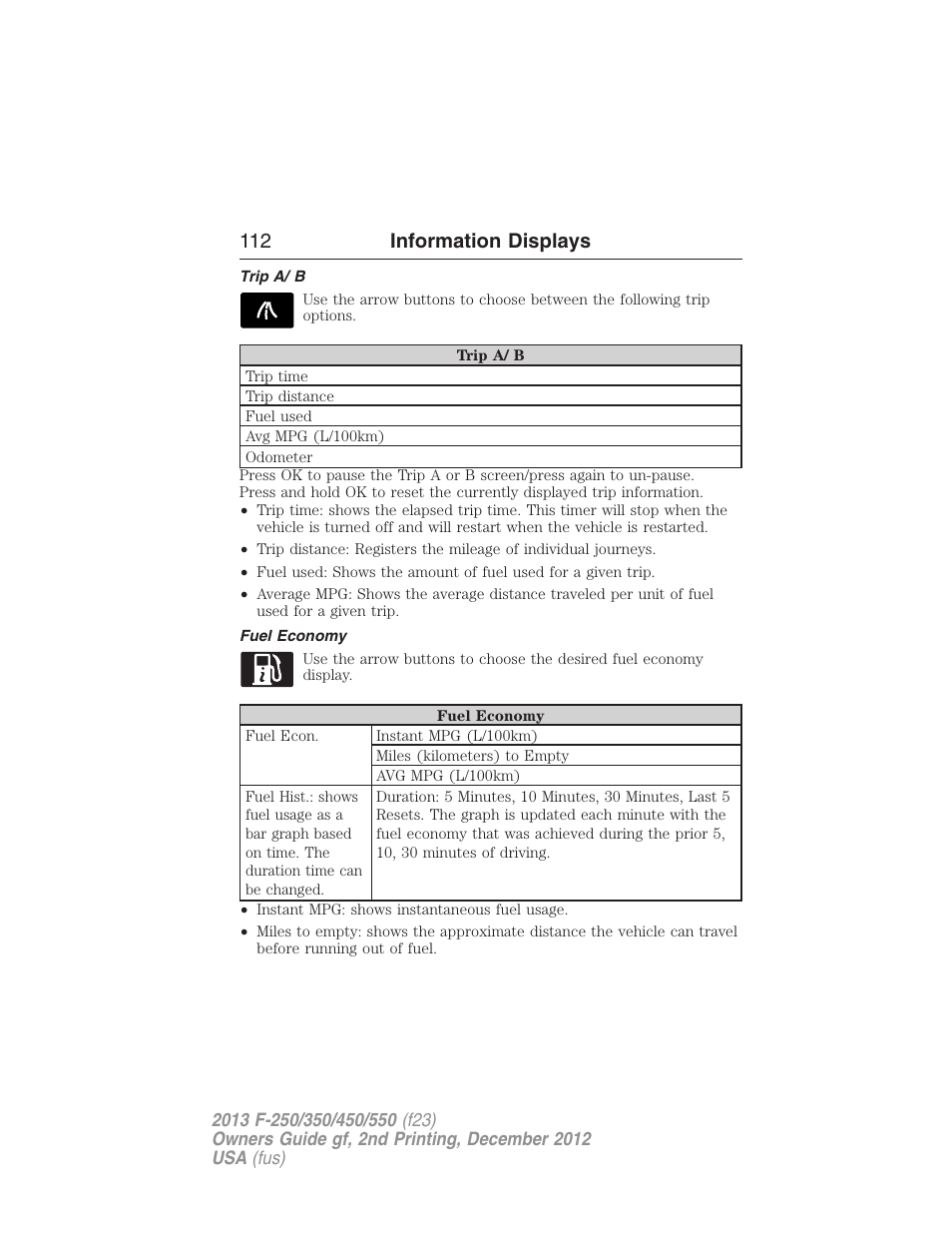 Trip a/ b, Fuel economy, 112 information displays | FORD 2013 F-550 v.2 User Manual | Page 113 / 579