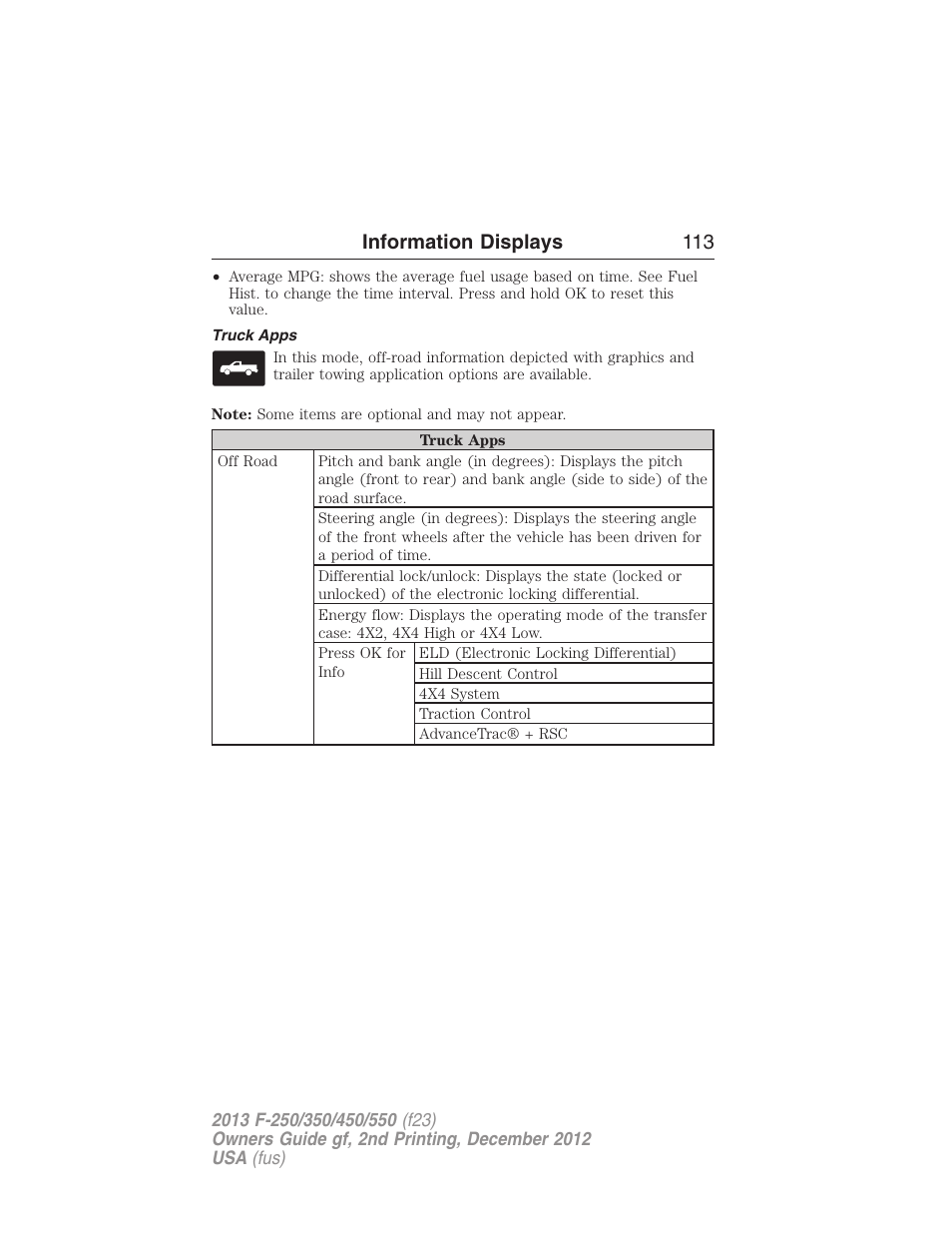 Truck apps, Information displays 113 | FORD 2013 F-550 v.2 User Manual | Page 114 / 579