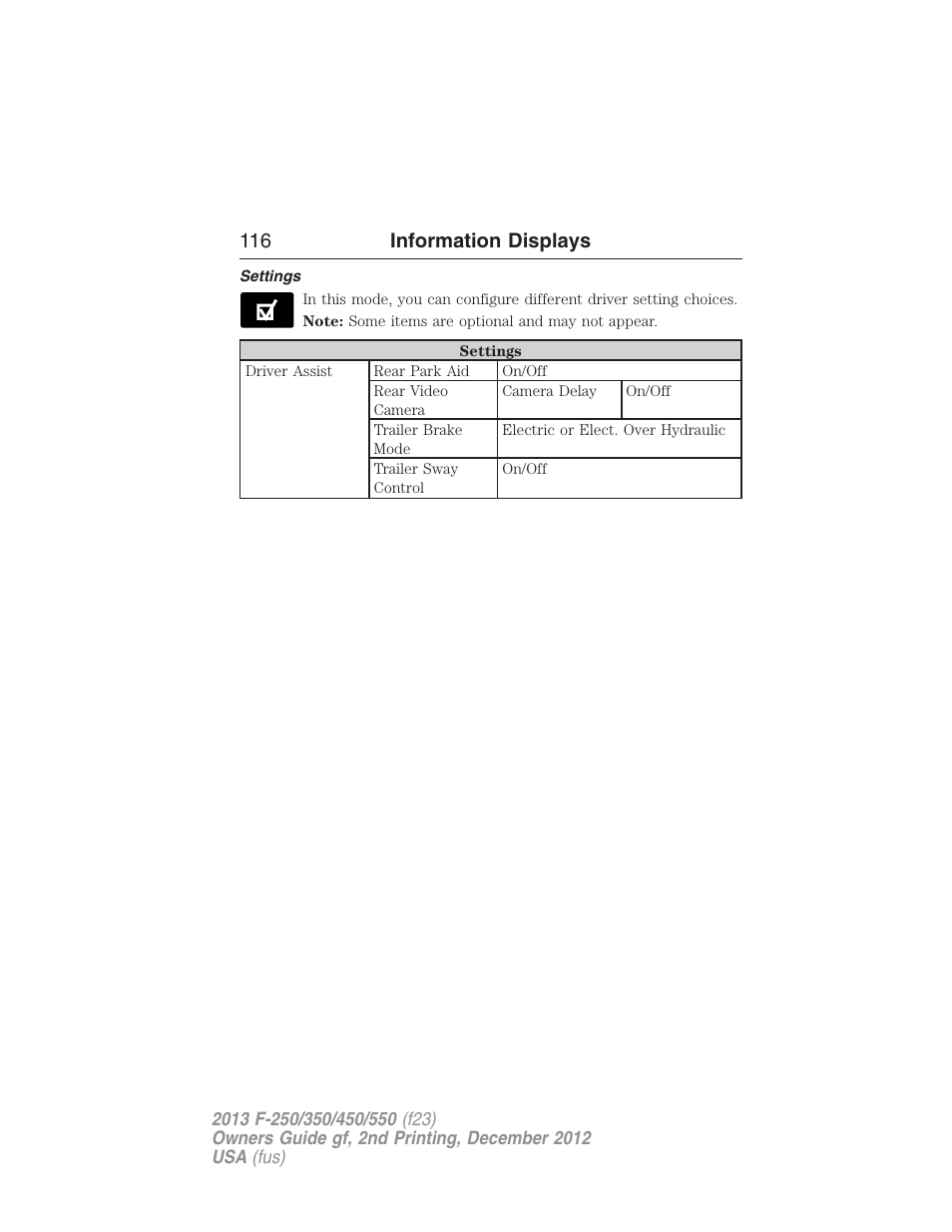 Settings, 116 information displays | FORD 2013 F-550 v.2 User Manual | Page 117 / 579