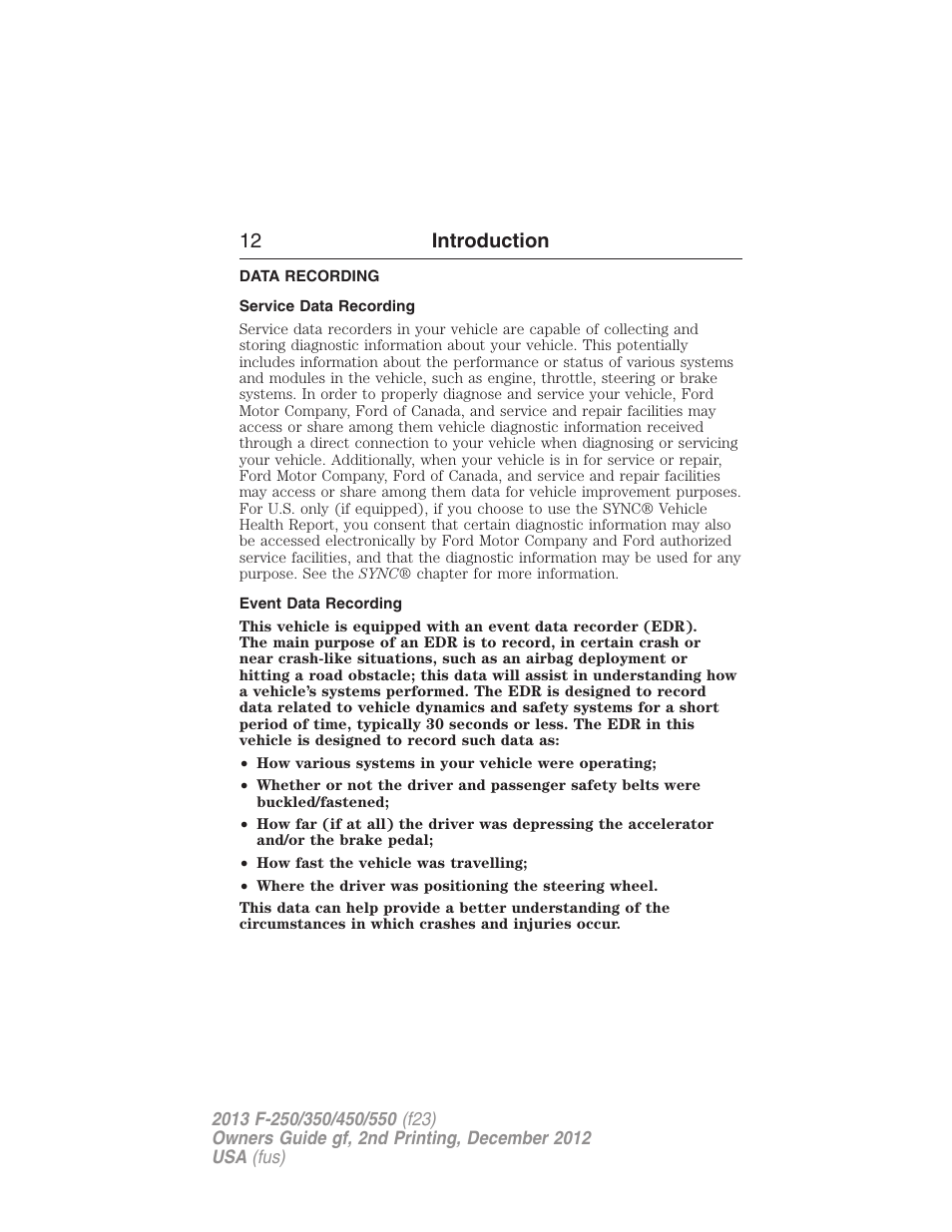 Data recording, Service data recording, Event data recording | 12 introduction | FORD 2013 F-550 v.2 User Manual | Page 13 / 579