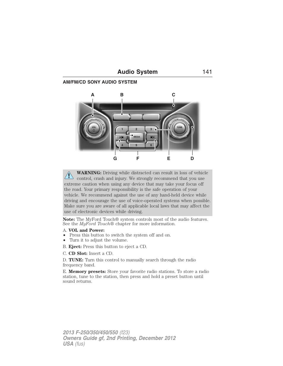 Am/fm/cd sony audio system, Audio system 141 | FORD 2013 F-550 v.2 User Manual | Page 142 / 579