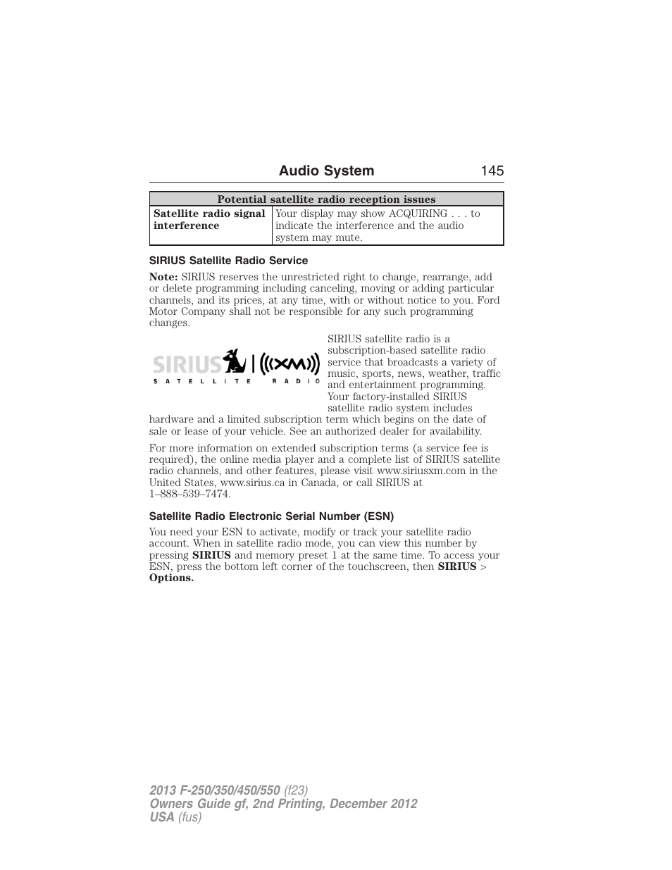 Sirius satellite radio service, Satellite radio electronic serial number (esn), Audio system 145 | FORD 2013 F-550 v.2 User Manual | Page 146 / 579