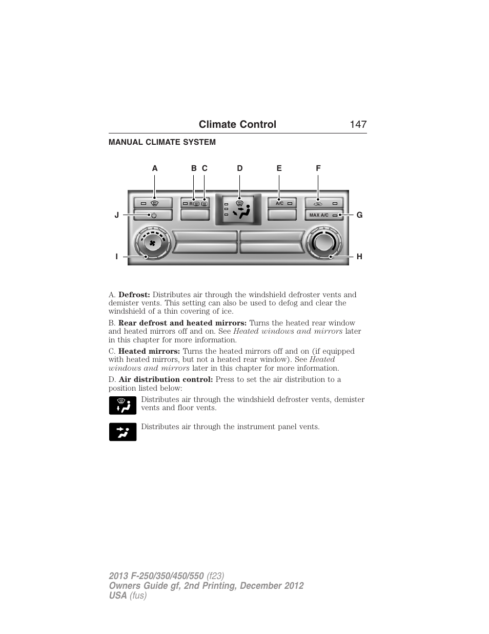 Climate control, Manual climate system, Manual heating and air conditioning | Climate control 147 | FORD 2013 F-550 v.2 User Manual | Page 148 / 579