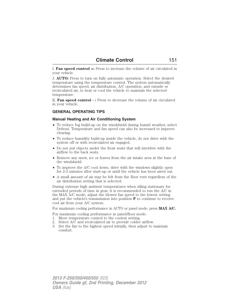 General operating tips, Manual heating and air conditioning system, Climate control 151 | FORD 2013 F-550 v.2 User Manual | Page 152 / 579