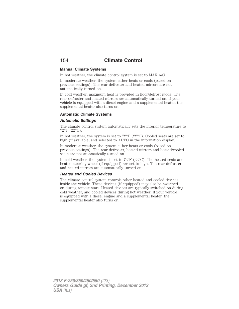 Manual climate systems, Automatic climate systems, Automatic settings | Heated and cooled devices, 154 climate control | FORD 2013 F-550 v.2 User Manual | Page 155 / 579