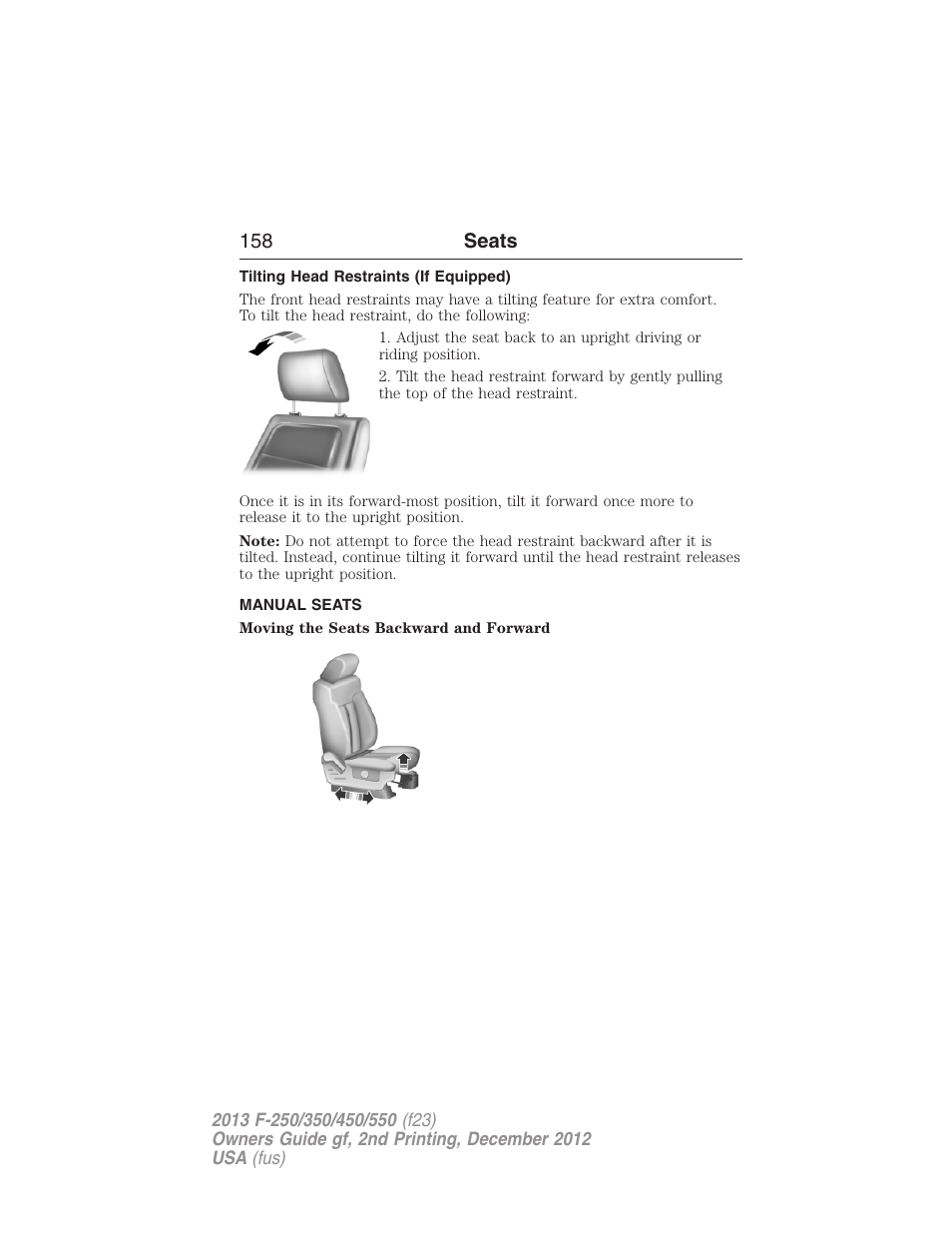 Tilting head restraints (if equipped), Manual seats, 158 seats | FORD 2013 F-550 v.2 User Manual | Page 159 / 579