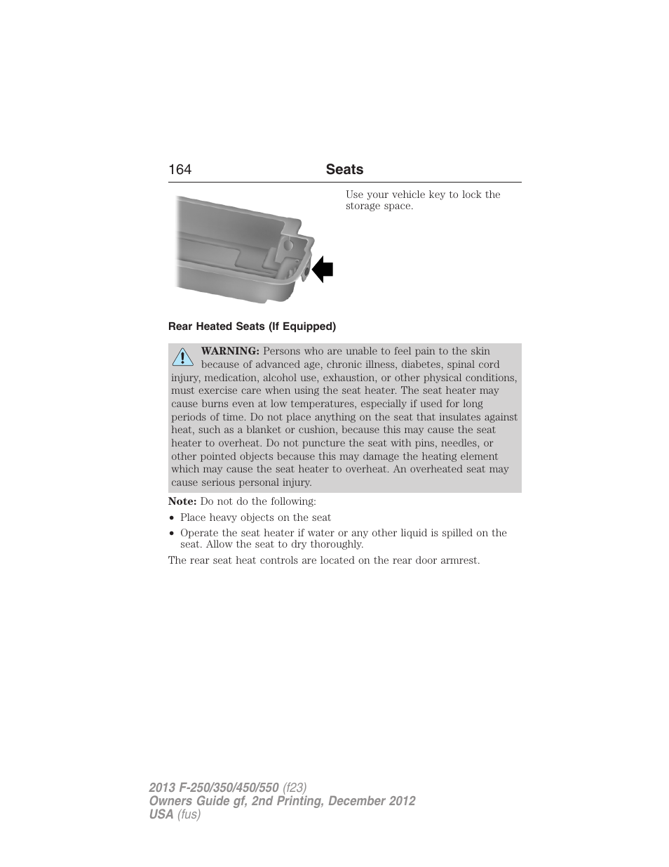 Rear heated seats (if equipped), 164 seats | FORD 2013 F-550 v.2 User Manual | Page 165 / 579