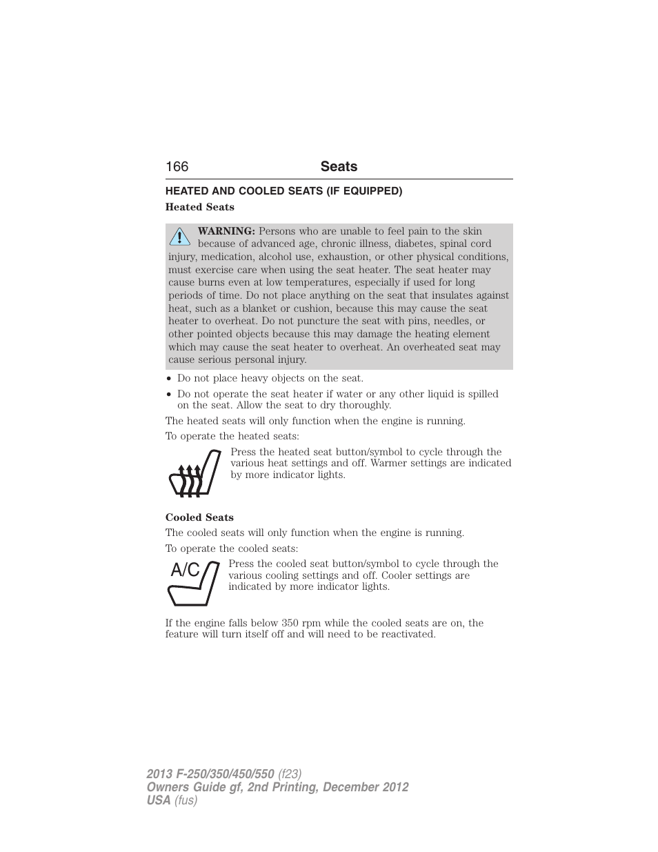 Heated and cooled seats (if equipped), Heated and cooled seats, 166 seats | FORD 2013 F-550 v.2 User Manual | Page 167 / 579