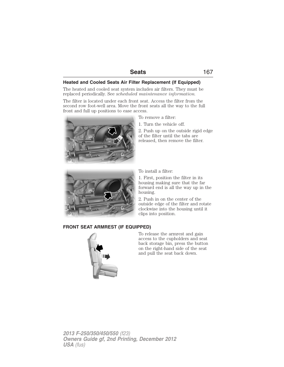 Front seat armrest (if equipped), Seats 167 | FORD 2013 F-550 v.2 User Manual | Page 168 / 579