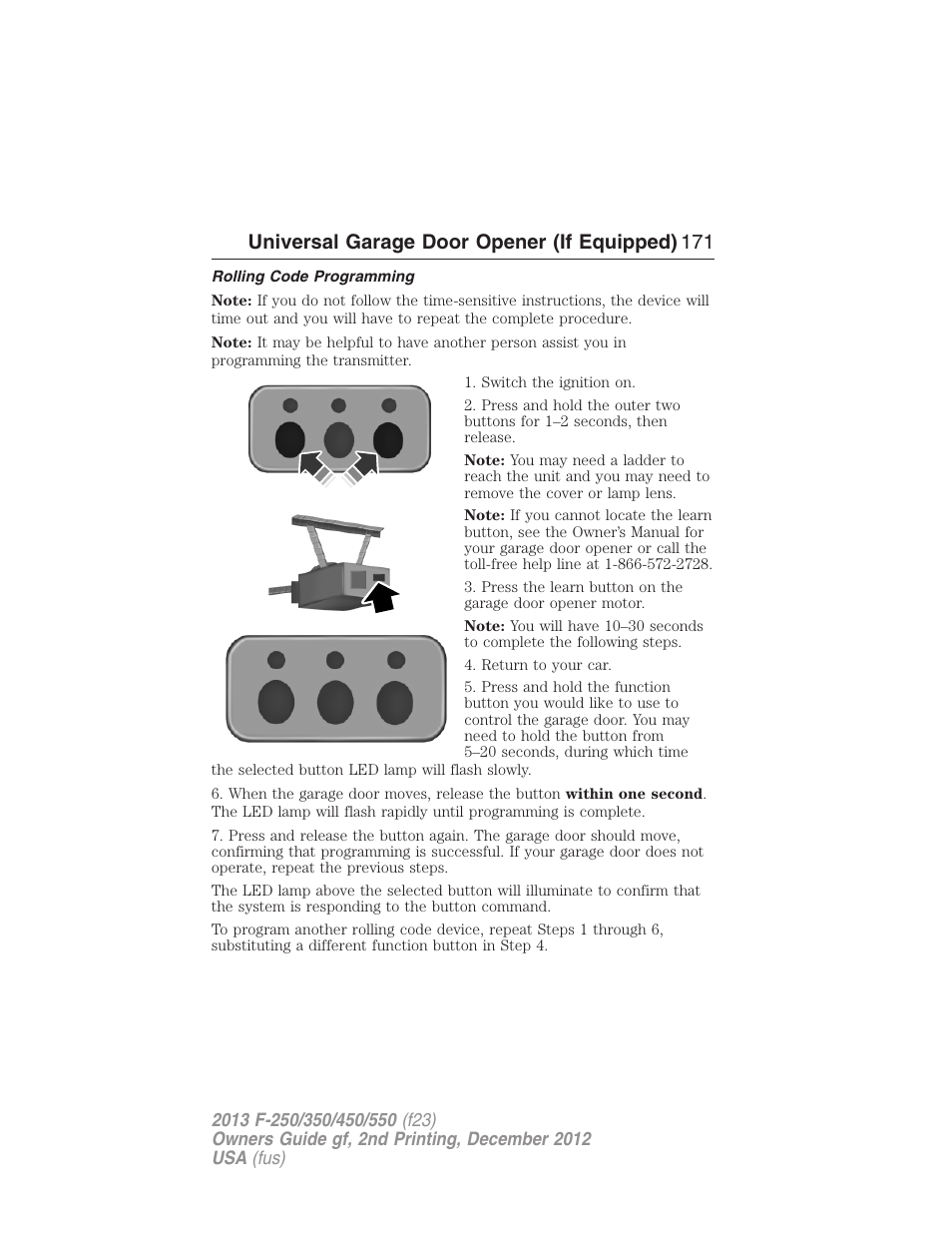 Rolling code programming, Universal garage door opener (if equipped) 171 | FORD 2013 F-550 v.2 User Manual | Page 172 / 579