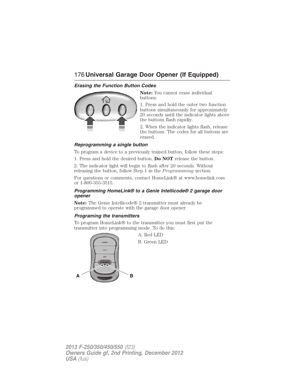 Erasing the function button codes, Reprogramming a single button, Programing the transmitters | 176 universal garage door opener (if equipped) | FORD 2013 F-550 v.2 User Manual | Page 177 / 579