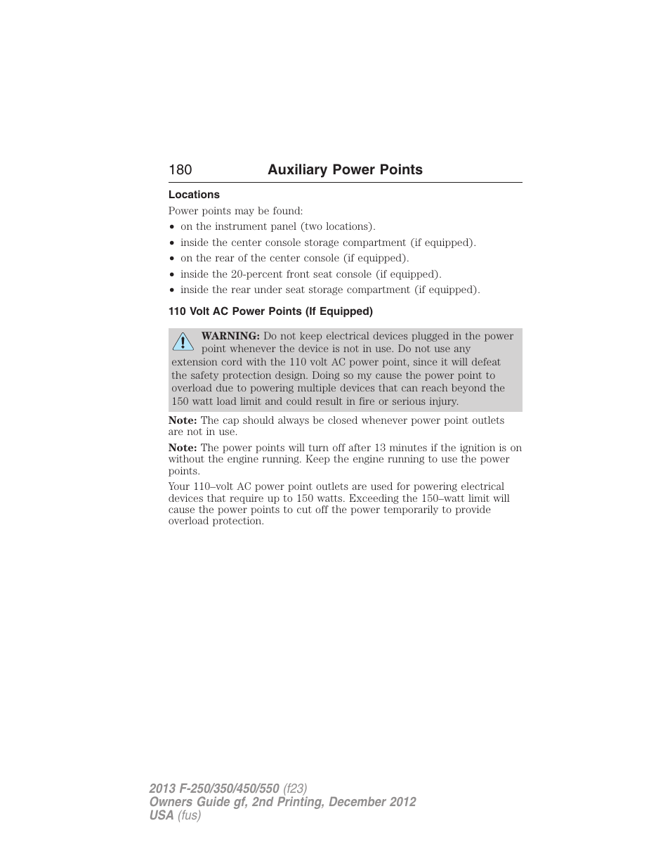 Locations, 110 volt ac power points (if equipped), 180 auxiliary power points | FORD 2013 F-550 v.2 User Manual | Page 181 / 579