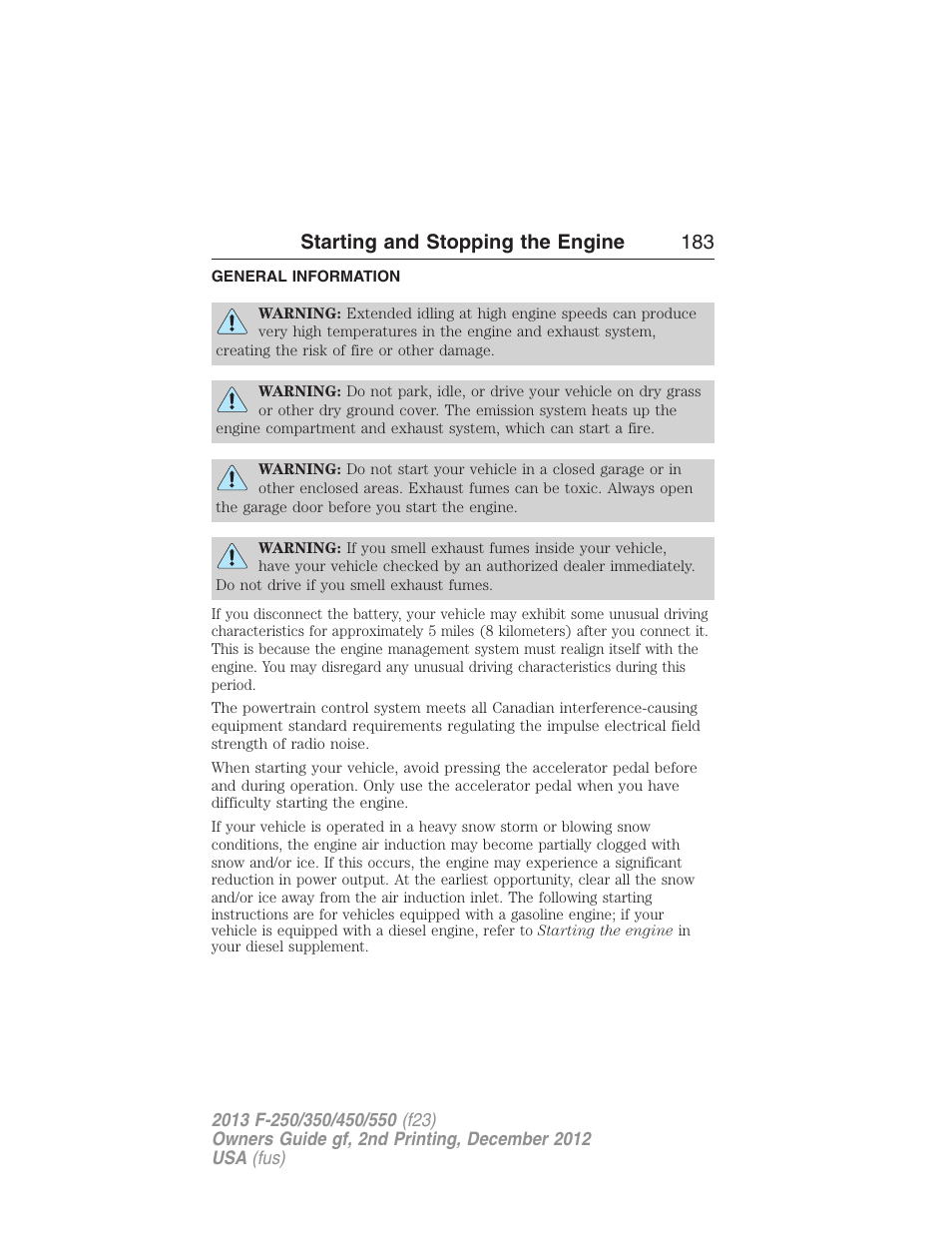 Starting and stopping the engine, General information, Starting and stopping the engine 183 | FORD 2013 F-550 v.2 User Manual | Page 184 / 579