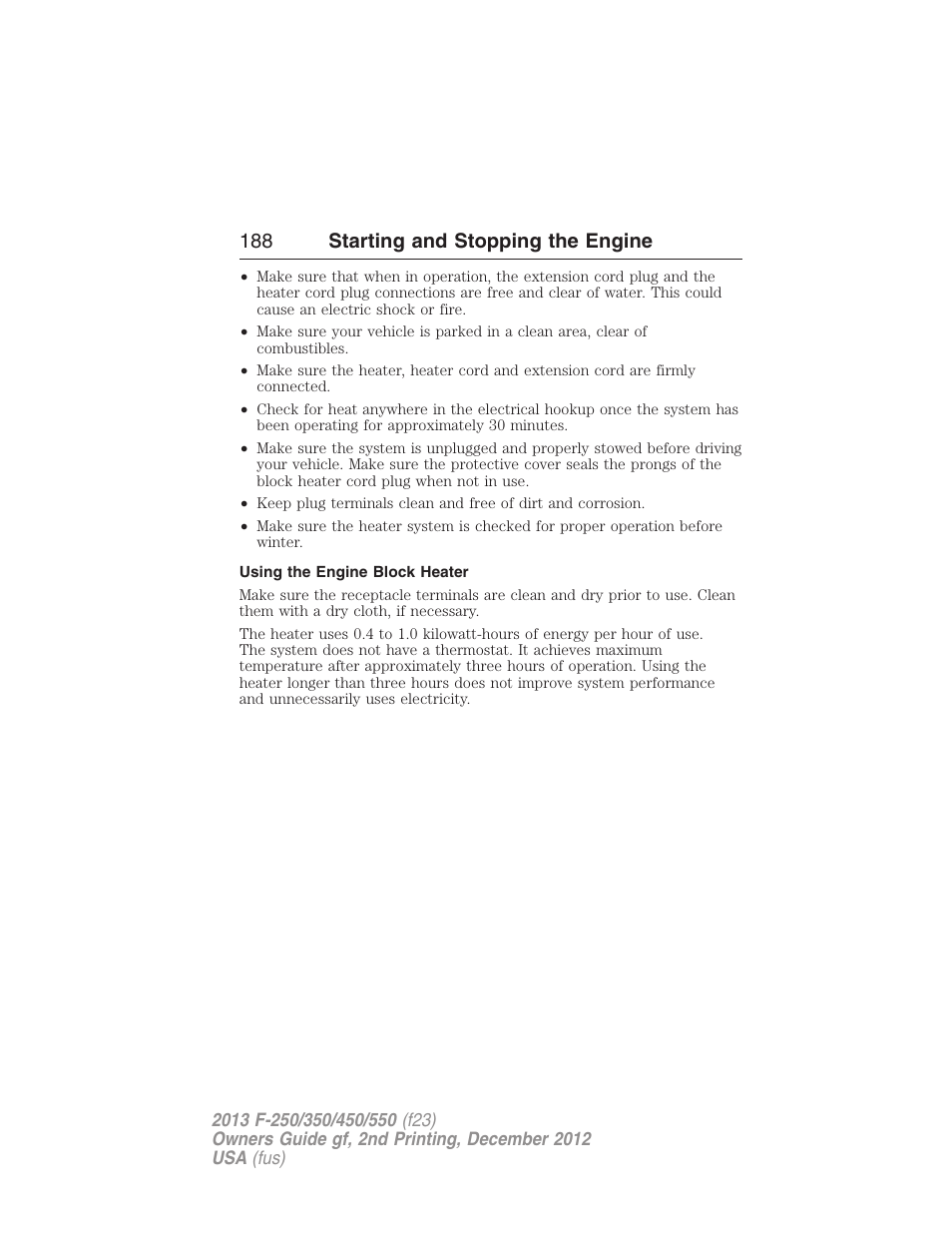 Using the engine block heater, 188 starting and stopping the engine | FORD 2013 F-550 v.2 User Manual | Page 189 / 579