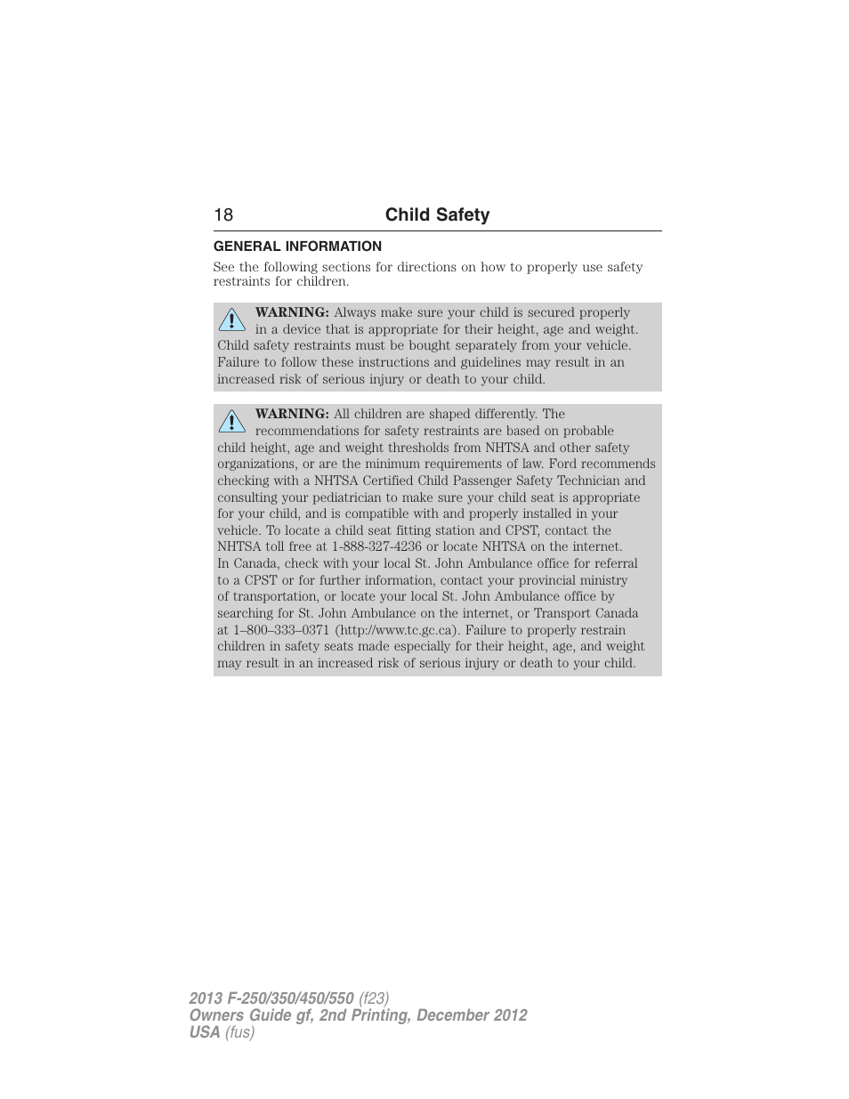 Child safety, General information, 18 child safety | FORD 2013 F-550 v.2 User Manual | Page 19 / 579