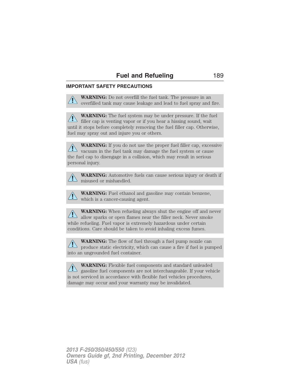 Fuel and refueling, Important safety precautions, Fuel and refueling 189 | FORD 2013 F-550 v.2 User Manual | Page 190 / 579