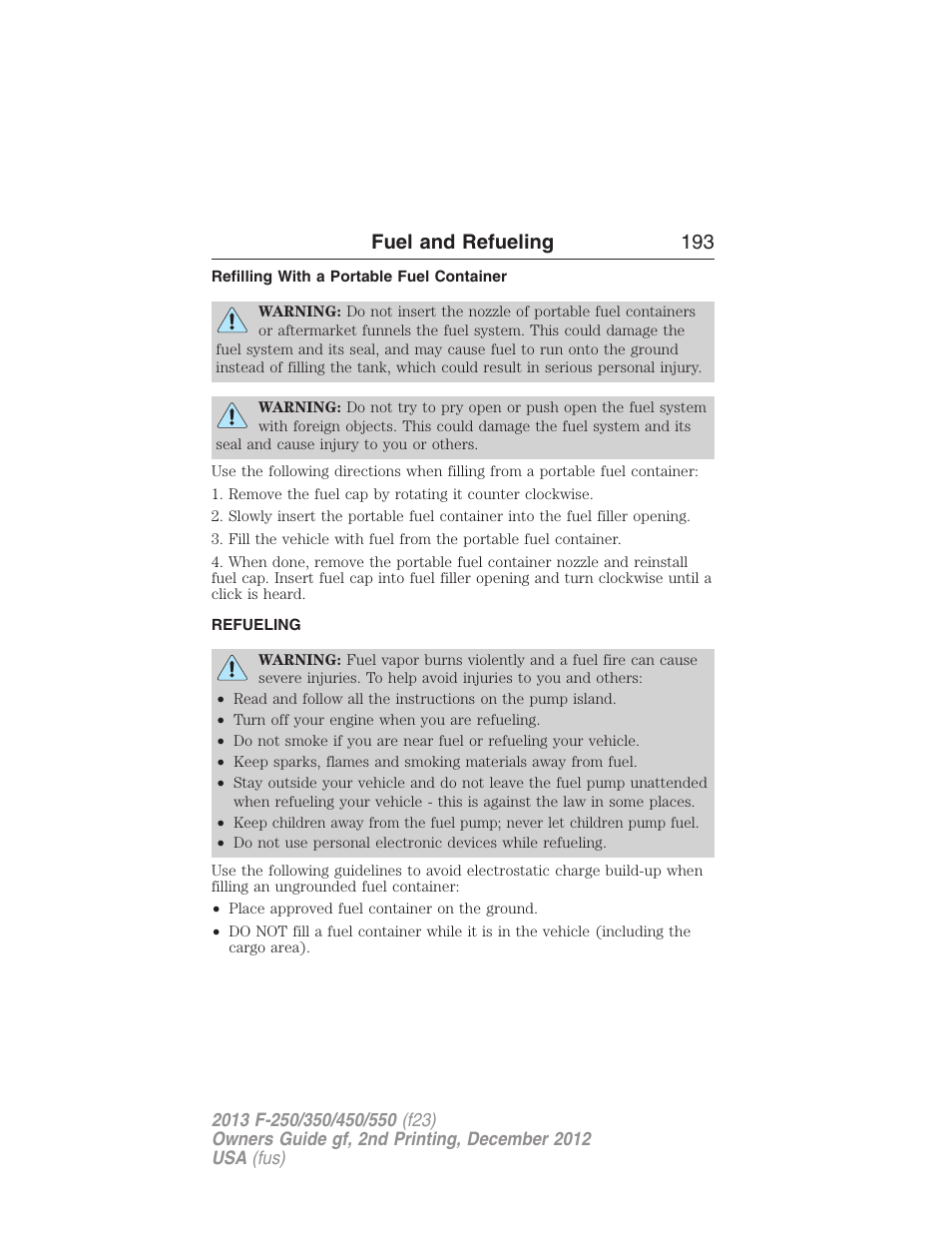 Refilling with a portable fuel container, Refueling, Fuel and refueling 193 | FORD 2013 F-550 v.2 User Manual | Page 194 / 579