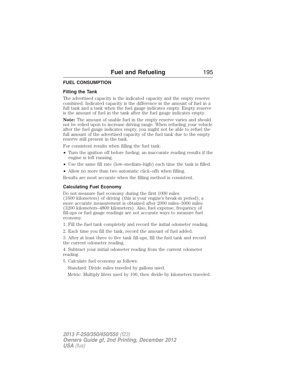 Fuel consumption, Filling the tank, Calculating fuel economy | Fuel and refueling 195 | FORD 2013 F-550 v.2 User Manual | Page 196 / 579