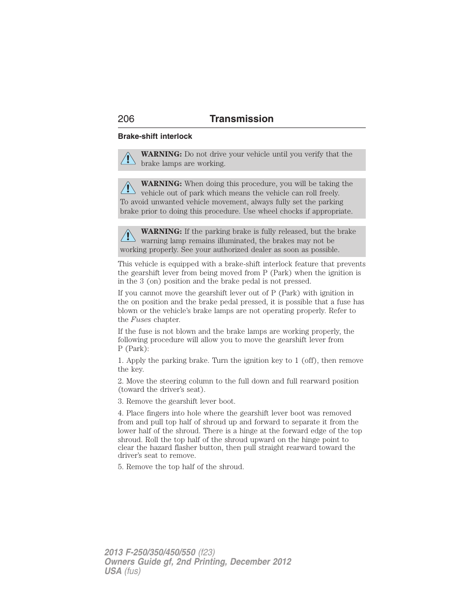 Brake-shift interlock, 206 transmission | FORD 2013 F-550 v.2 User Manual | Page 207 / 579