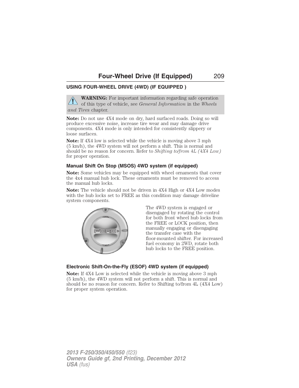 Four-wheel drive (if equipped), Using four-wheel drive (4wd) (if equipped ), Four wheel drive | Four-wheel drive (if equipped) 209 | FORD 2013 F-550 v.2 User Manual | Page 210 / 579