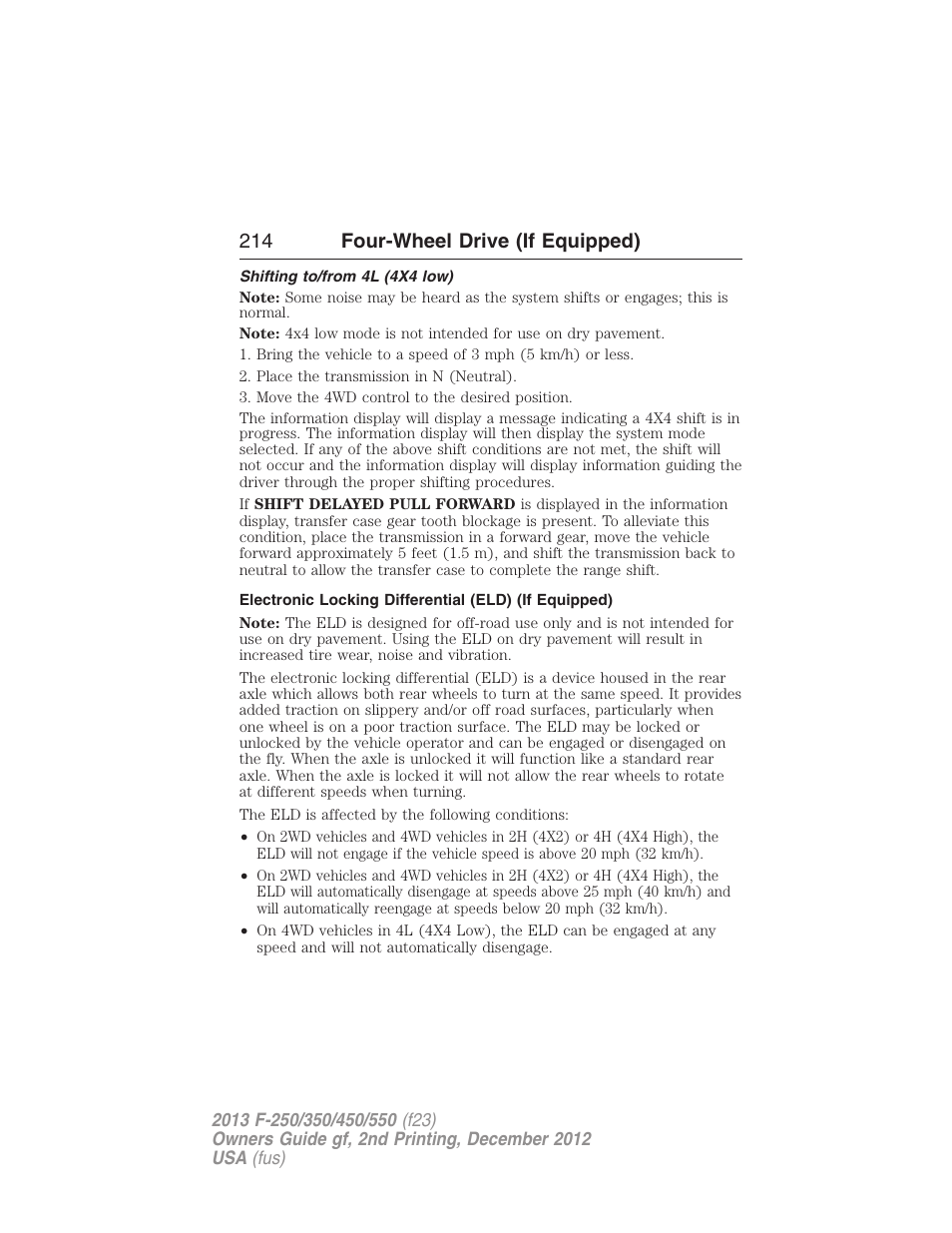 Shifting to/from 4l (4x4 low), 214 four-wheel drive (if equipped) | FORD 2013 F-550 v.2 User Manual | Page 215 / 579