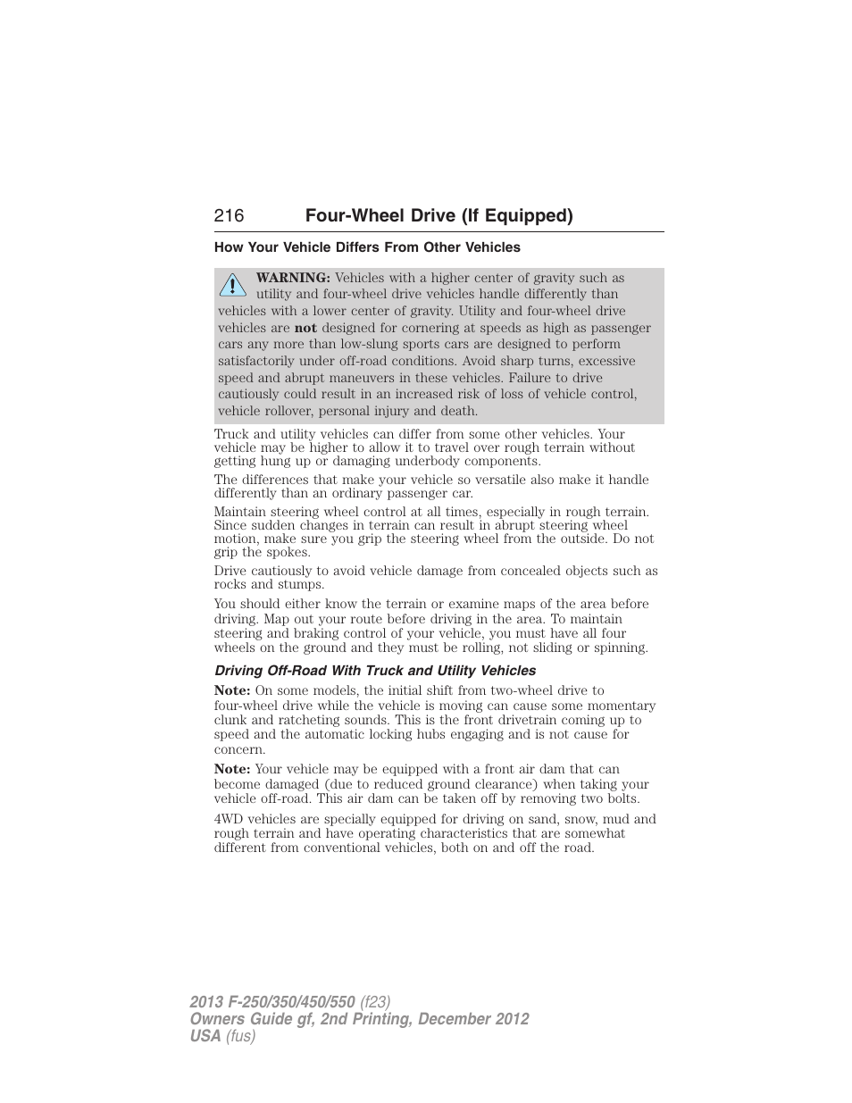 How your vehicle differs from other vehicles, Driving off-road with truck and utility vehicles, 216 four-wheel drive (if equipped) | FORD 2013 F-550 v.2 User Manual | Page 217 / 579