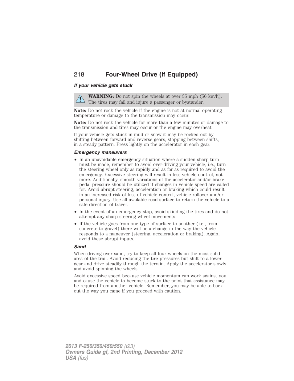 If your vehicle gets stuck, Emergency maneuvers, Sand | 218 four-wheel drive (if equipped) | FORD 2013 F-550 v.2 User Manual | Page 219 / 579