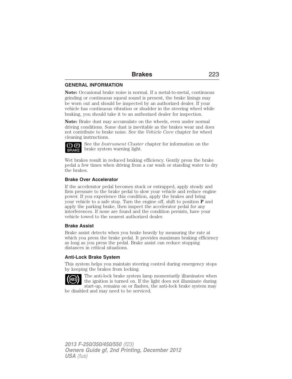 Brakes, General information, Brake over accelerator | Brake assist, Anti-lock brake system, Brakes 223 | FORD 2013 F-550 v.2 User Manual | Page 224 / 579
