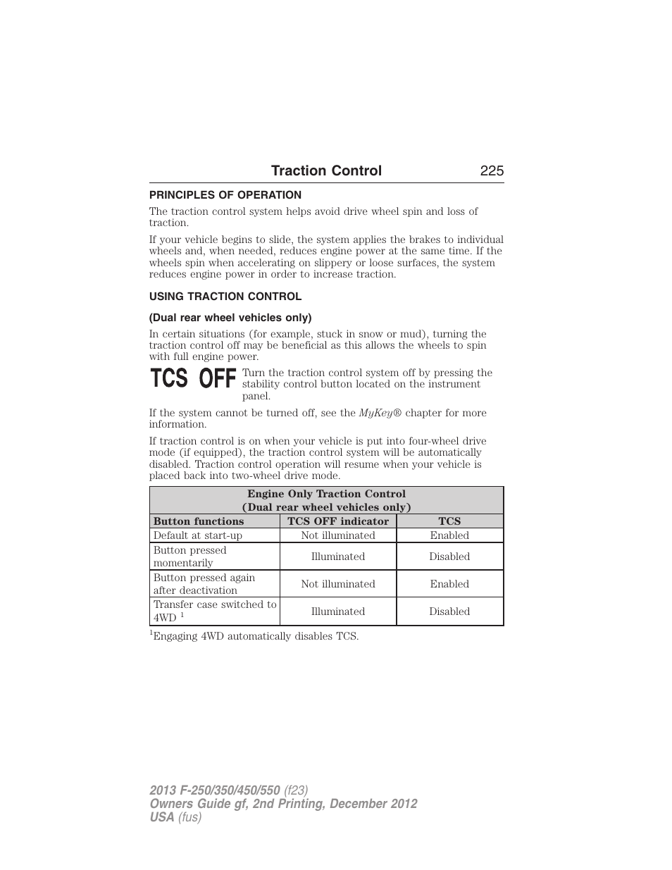 Traction control, Principles of operation, Using traction control | Dual rear wheel vehicles only), Traction control 225 | FORD 2013 F-550 v.2 User Manual | Page 226 / 579