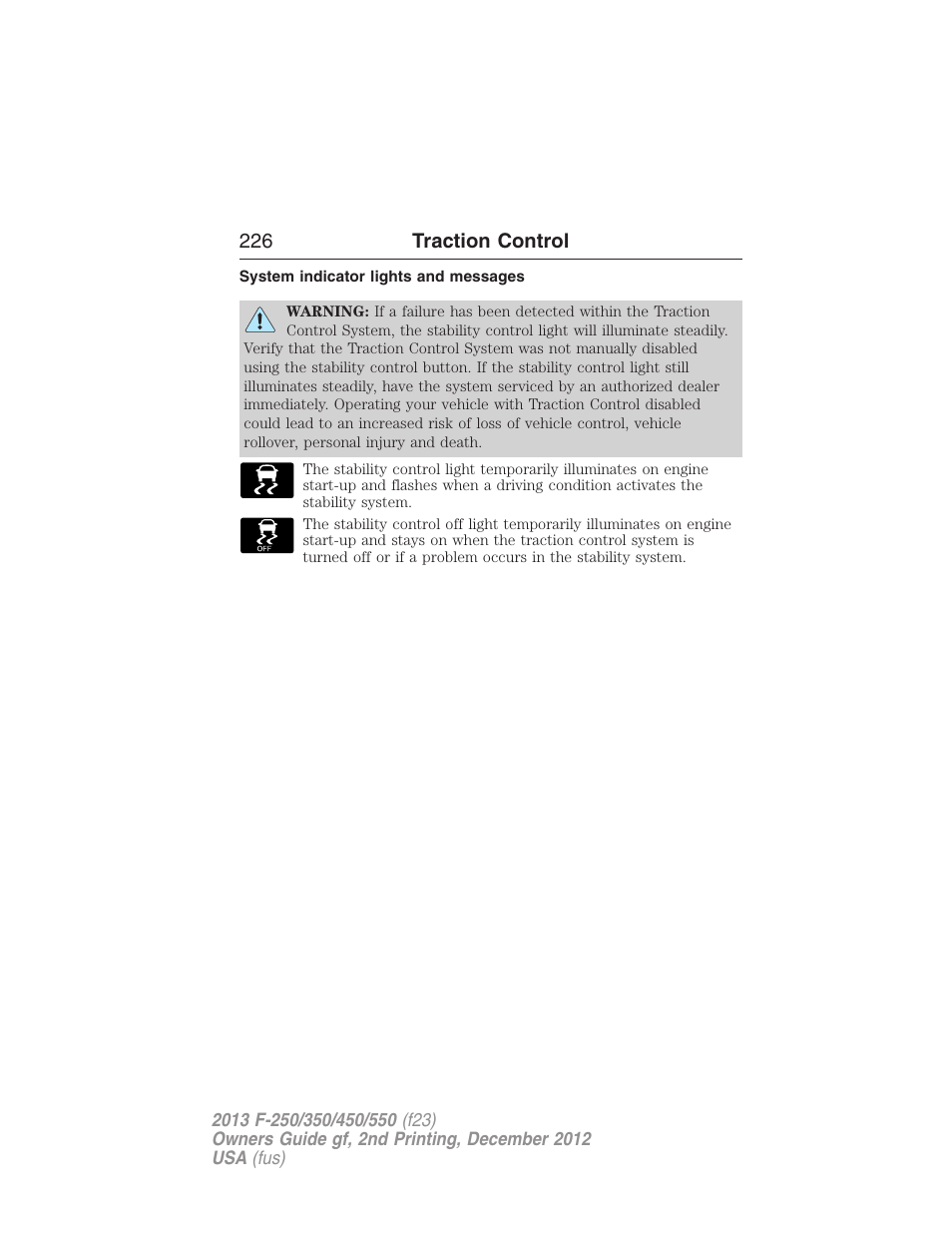 System indicator lights and messages | FORD 2013 F-550 v.2 User Manual | Page 227 / 579