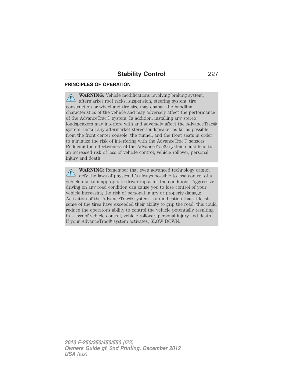 Stability control, Principles of operation, Advancetrac | FORD 2013 F-550 v.2 User Manual | Page 228 / 579