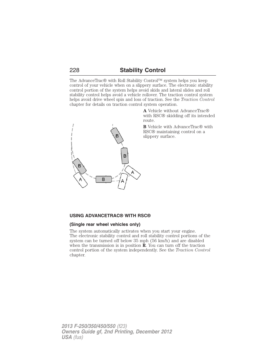 Using advancetrac® with rsc, Single rear wheel vehicles only), 228 stability control | FORD 2013 F-550 v.2 User Manual | Page 229 / 579