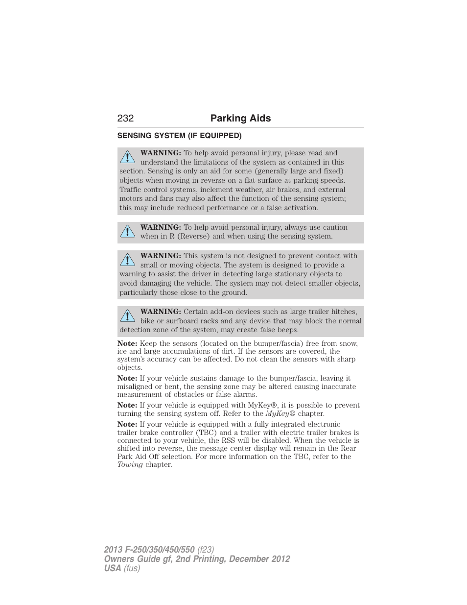 Parking aids, Sensing system (if equipped), Sensing system | 232 parking aids | FORD 2013 F-550 v.2 User Manual | Page 233 / 579