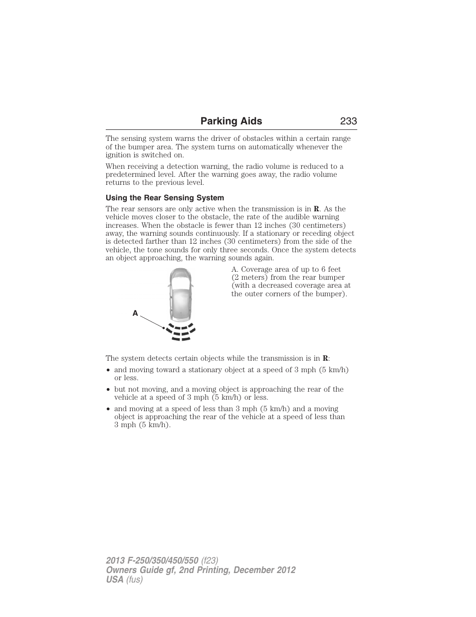 Using the rear sensing system, Parking aids 233 | FORD 2013 F-550 v.2 User Manual | Page 234 / 579