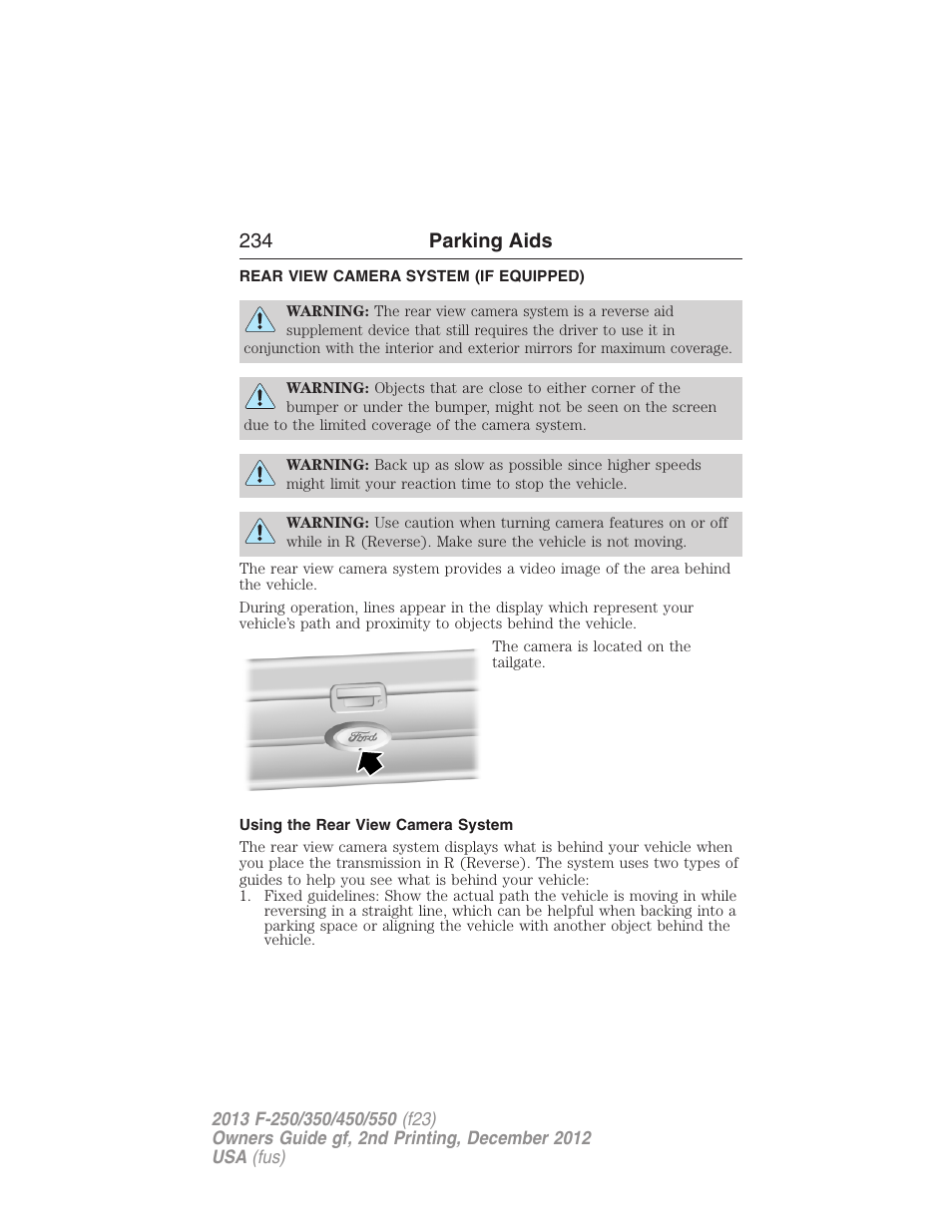 Rear view camera system (if equipped), Using the rear view camera system, Rear-view camera system | 234 parking aids | FORD 2013 F-550 v.2 User Manual | Page 235 / 579