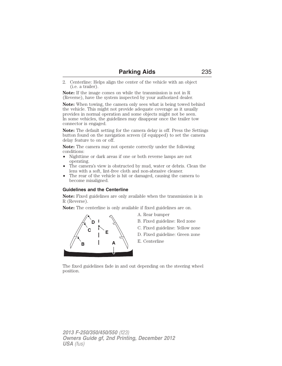 Guidelines and the centerline, Parking aids 235 | FORD 2013 F-550 v.2 User Manual | Page 236 / 579