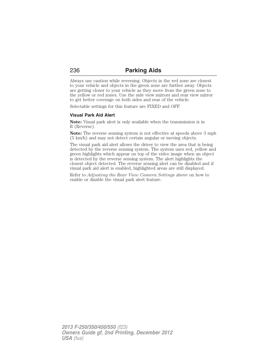 Visual park aid alert, 236 parking aids | FORD 2013 F-550 v.2 User Manual | Page 237 / 579