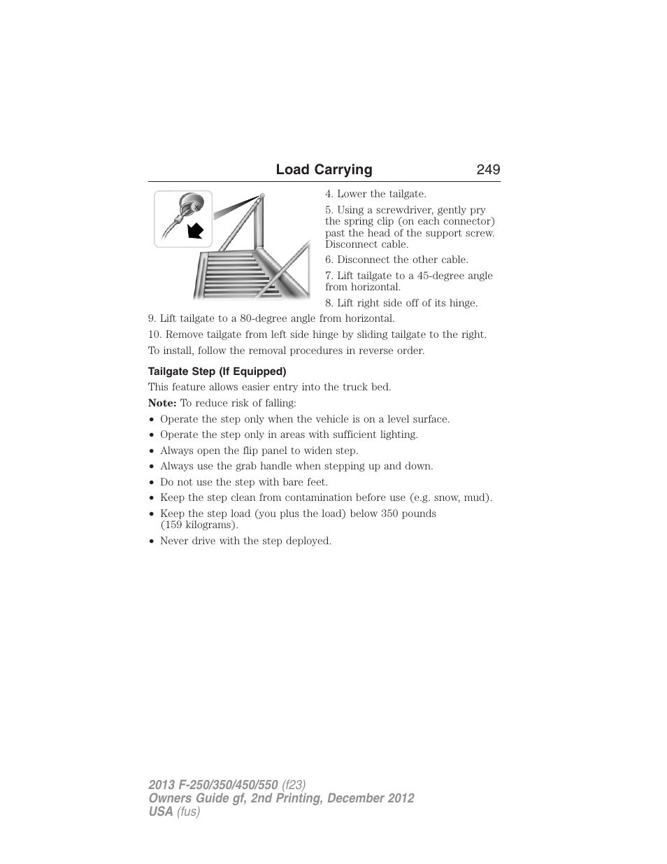 Tailgate step (if equipped), Load carrying 249 | FORD 2013 F-550 v.2 User Manual | Page 250 / 579