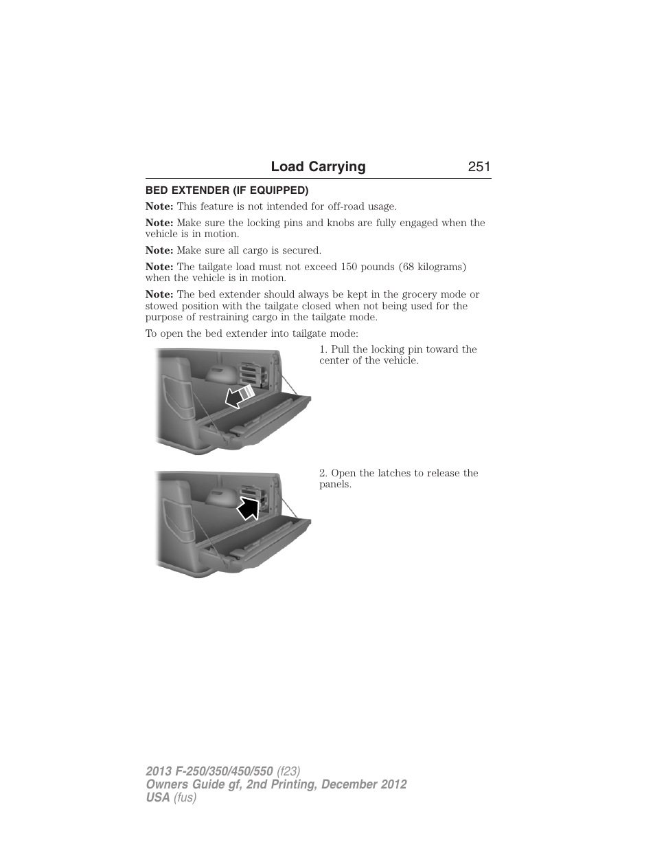 Bed extender (if equipped), Load carrying 251 | FORD 2013 F-550 v.2 User Manual | Page 252 / 579