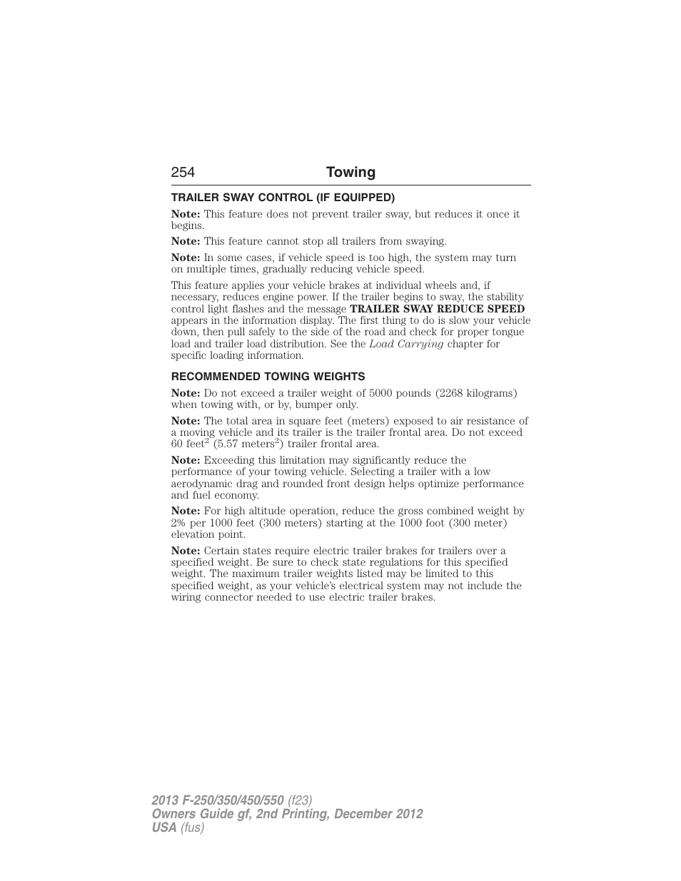 Trailer sway control (if equipped), Recommended towing weights, 254 towing | FORD 2013 F-550 v.2 User Manual | Page 255 / 579